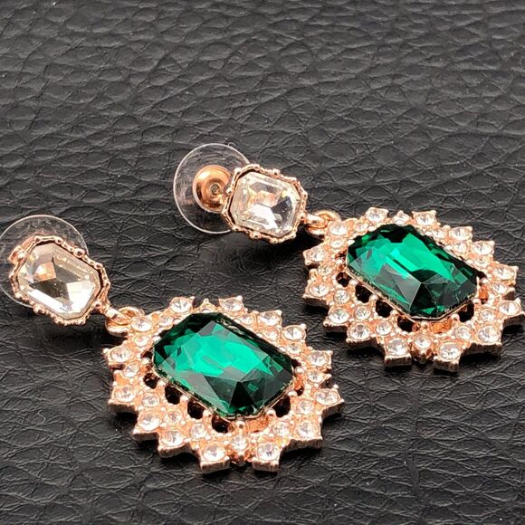Simulated Emerald Earrings Green and Clear Crystals Cluster Bridal Dangles - Picture 2 of 6